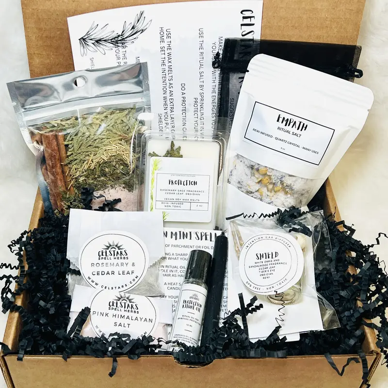 Celstars Handmade Witchy Protection Spell Box - Home Decor Gift Baskets with Leaf Aroma Incense, Wax Melts, Car Diffuser Oil, Simmer Pot, Sacred Salt, Candle | Quirky Relaxing Gift Box