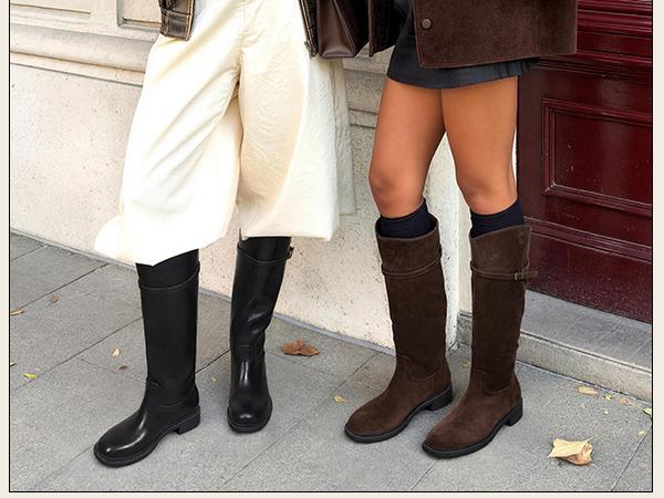DREAM PAIRS Knee-High Buckle Strap Riding Boots | Round Toe Straight Shaft Knee-high Easy Pull-on Adjustable Metal Buckle 5mm Foam Insole Faux Suede & PU Leather Tall Boot, Foam Sole
