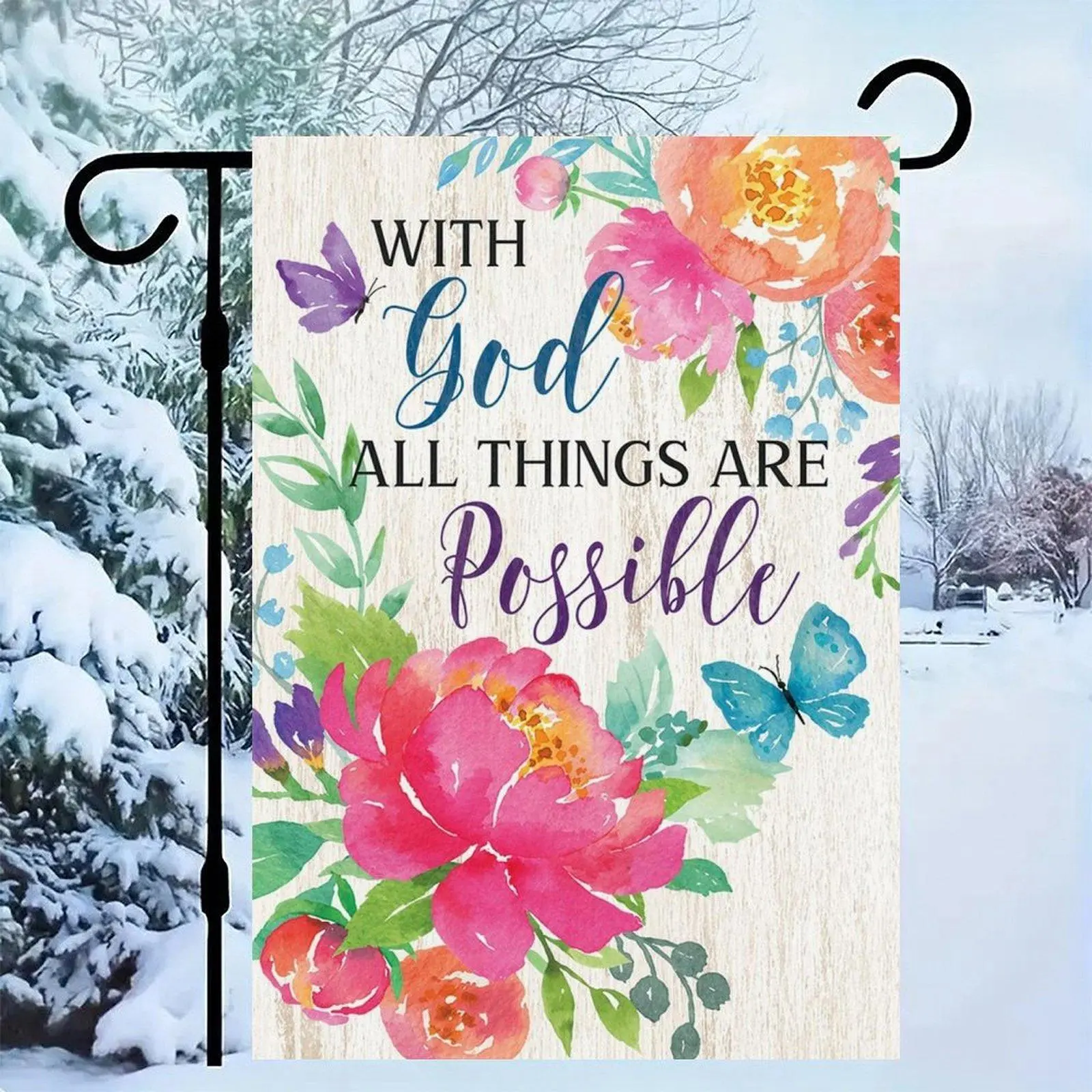12*18in Watercolor Peony Butterfly Religious Quote Garden Flag Double Sided With God All Things Are Possible Inspirational Yard Banner