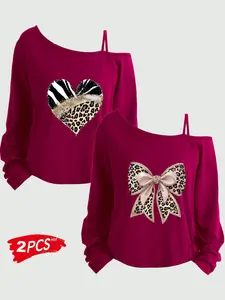 Women's Plus Size 2-Piece Set, Printed Long Sleeve & Short Tank Top, Asymmetrical Neckline, Loose Fit, All Seasons, Sizes 1-8xl