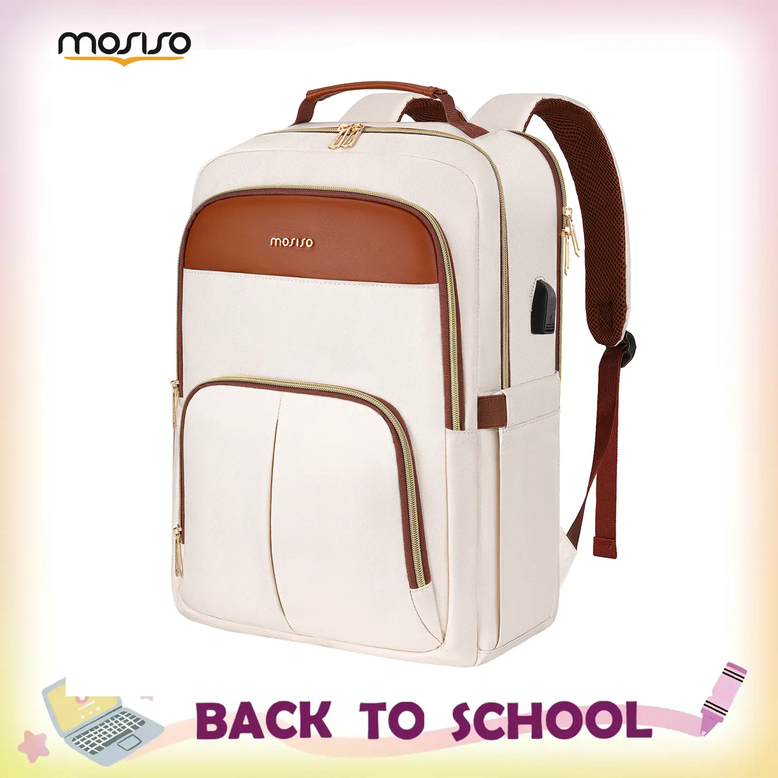 MOSISO Women's Elegant Synthetic Polyester-PU Leather Laptop Backpack, Adjustable Casual College/School Daypack with USB Port, Padded Compartment, Fits 15.6-Inch Laptops (HP Envy 15 Compatible), 16.93×12×7.09 in