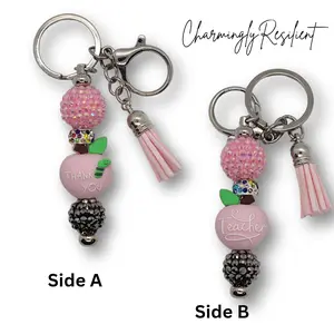 CharmingResilient Teacher Keychain with Pink Beads and Tassel Thank You Side A & Teacher Side B