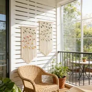 Macrame Wall Hanging Boho Style Colorful Tapestry, Handmade Fringe Leaf Blanket, Fiber Art Background Decor, Wall Decoration