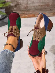 Women's Retro Colorblock Stylish Classy Elegant Fashion Soft Chunky Heel High Heels Shoes, Velvety Contrast Lace-Up Small Leather Pumps, Round Toe Mid-Heel Casual Women's Footwear