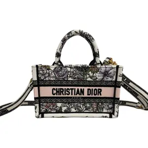 Pre-owned Dior Canvas Tote Bags Christian Mini Book Tote White Multicolor D Floral Embroidery Cotton Structured Compact Chic Design Adjustable Strap