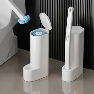 Disposable Toilet Brush with 12 Replacement Heads and Holder, Plastic Bathroom Cleaning Set with Soft Bristles, No-Dead-Angle, Base Included, Hangable Design, for Efficient Decontamination