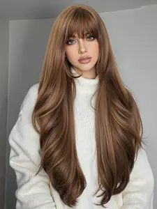 32 Inch Heat Resistant Fiber Wig, Synthetic Wavy Curly, Long Curly Hair with Bangs, Natural Look for Daily Use, Women's Realistic Appearance, Stylist Friendly Wig, Synthetic Material Wigs
