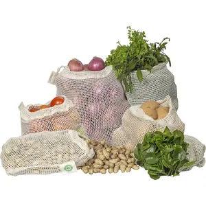 Reusable Cotton Mesh Produce Bags - 100% Organic Cotton, Durable, Double Stitched, Washable with Tare Weight & Drawstring - Mesh Bags for Grocery Shopping, Vegetables & Fruits | Set of 6 (2L, 2M, 2S)