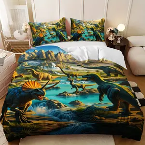 Bedding 3-piece set - 3PCS,Prehistoric Dinosaur Landscape Eco-design Down Comforter Set (1 comforter cover + 2 pillowcases, filling not included) -soft and comfortable, suitable for family bedrooms.