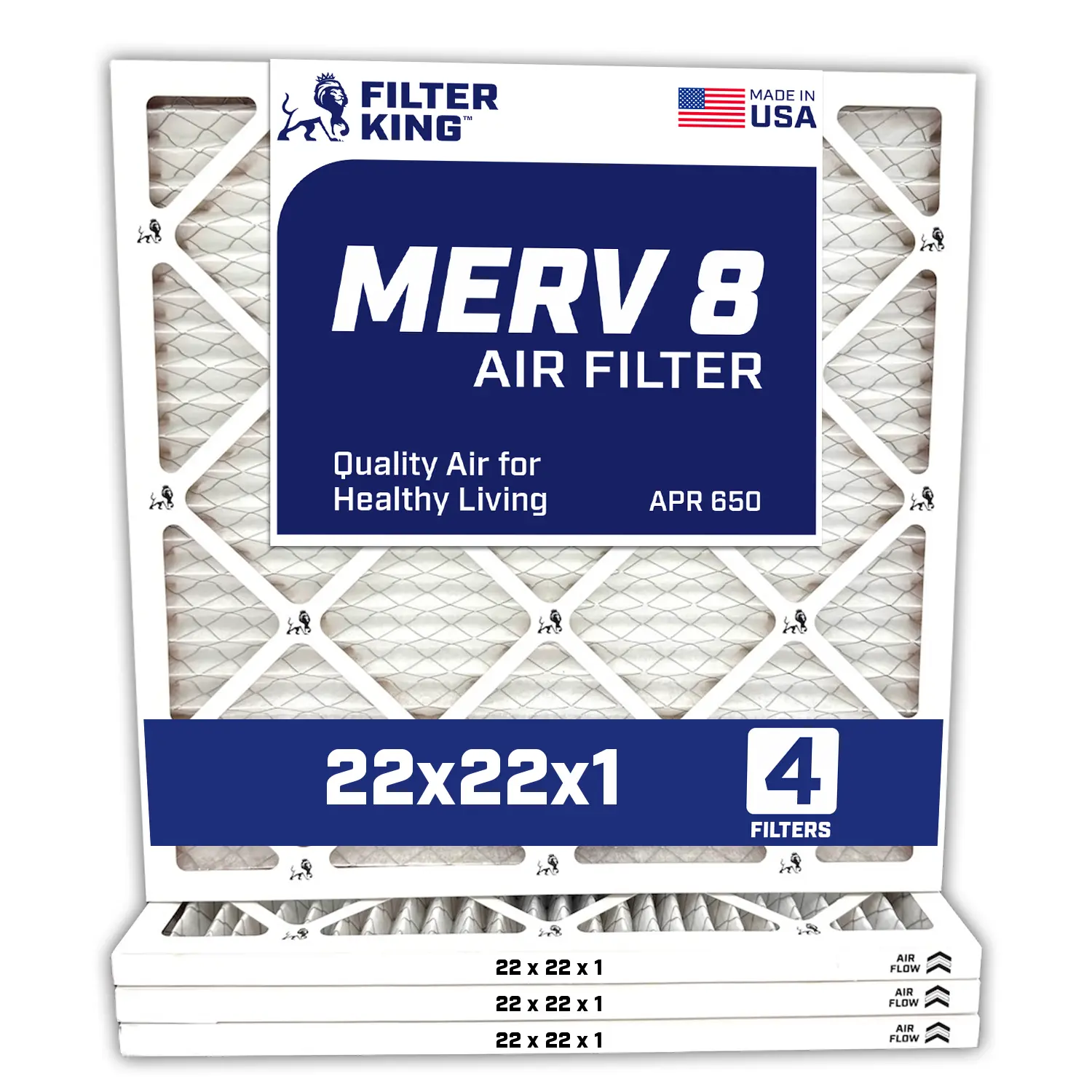 Filter King 22x22x1 Air Filter | 4-PACK | Carbon MERV 8 HVAC Pleated A/C Furnace Filters | MADE IN USA | Actual Size: 21.5 x 21.5 x .75"