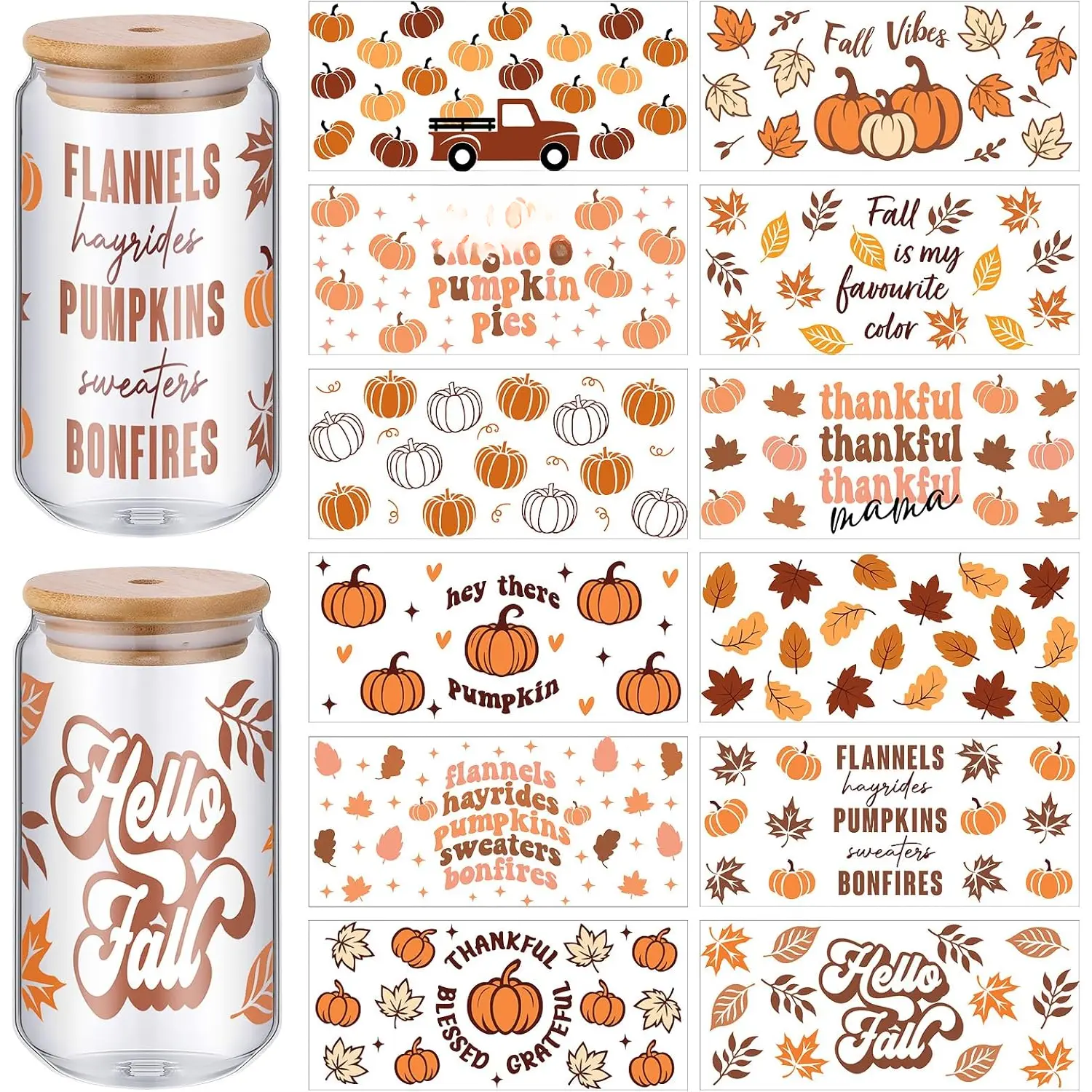 12 Sheets of Autumn UV Dtf Cup Wrap Transfer Sticker for Glass Fall Rub on Transfers for 16 oz Glass Cup Transfers for Furniture   for Cups DIY Crafts