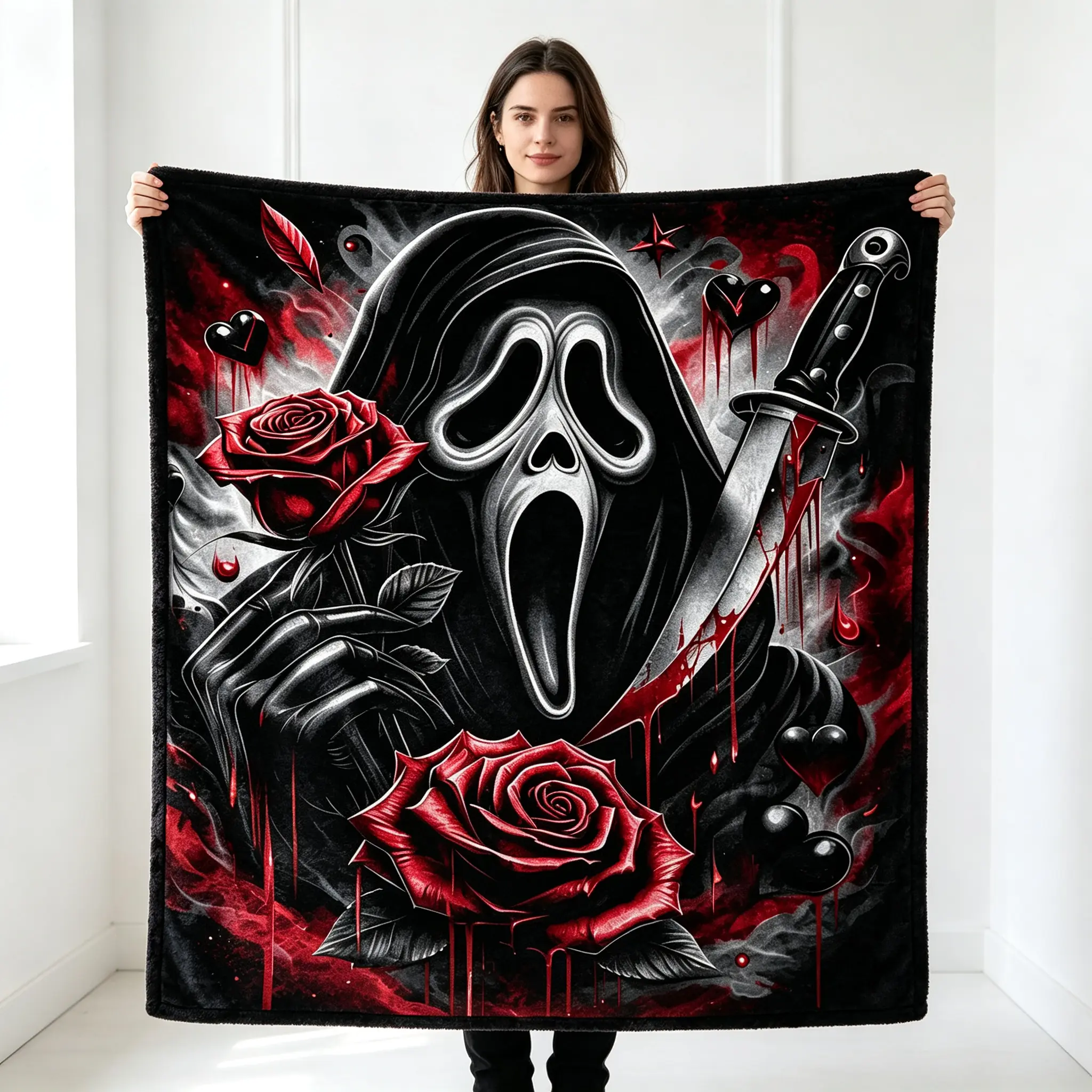 Ghostface Horror Flannel Throw Blanket, Dark Gothic Red Rose & Scream-Inspired Print, Soft Cozy Lightweight Fleece Blanket for Bed, Sofa, Bedroom & Horror Room Decor, Gift for Horror Movie Fans