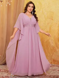 Women's Plus Size V-Neck Embroidered Dress, Elegant A-Line Party Gown, High Waist Sequined Design, Pure Color Chiffon Bridesmaid Dress