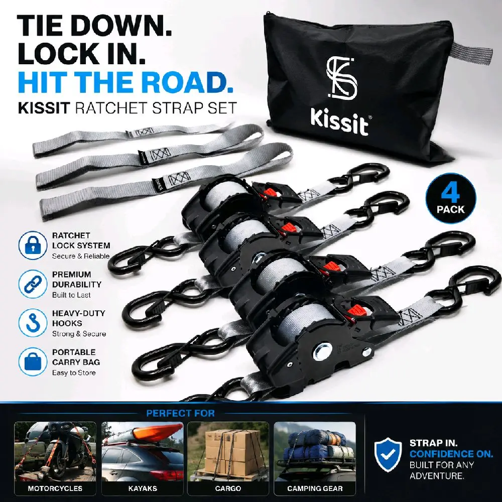 KISSIT 4-Pack Retractable Ratchet Tiedown Straps - 1209lb Max Break Strength - Includes 2 1" x 10ft Ratcheting Tie Downs
