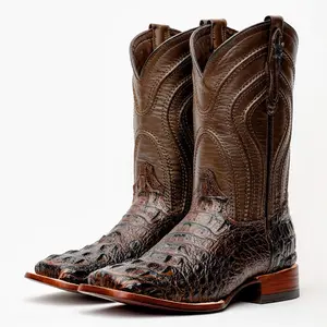 Brown Caiman Neck Leather Boots - Square Toe