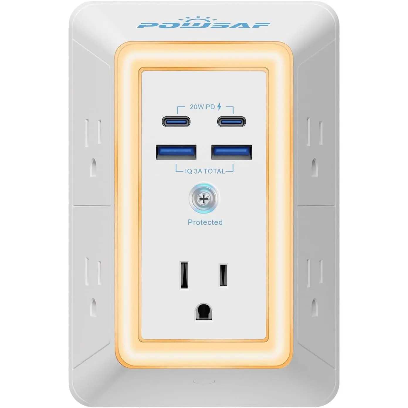Multi Plug Outlet Surge Protector -  5 Outlet Extender with 4 USB Ports(2 USB-C PD 20W) and Night Light, 3-Sided Power Strip with Adapter Spaced Outlets - ETL, White