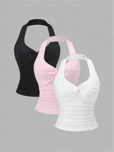 Women's Plain Three-Piece Set, Halter Neck Sleeveless Top, Knot Design, Waist Cinching, Wrinkled Look, Casual Fashion Style, Feminine, Fit