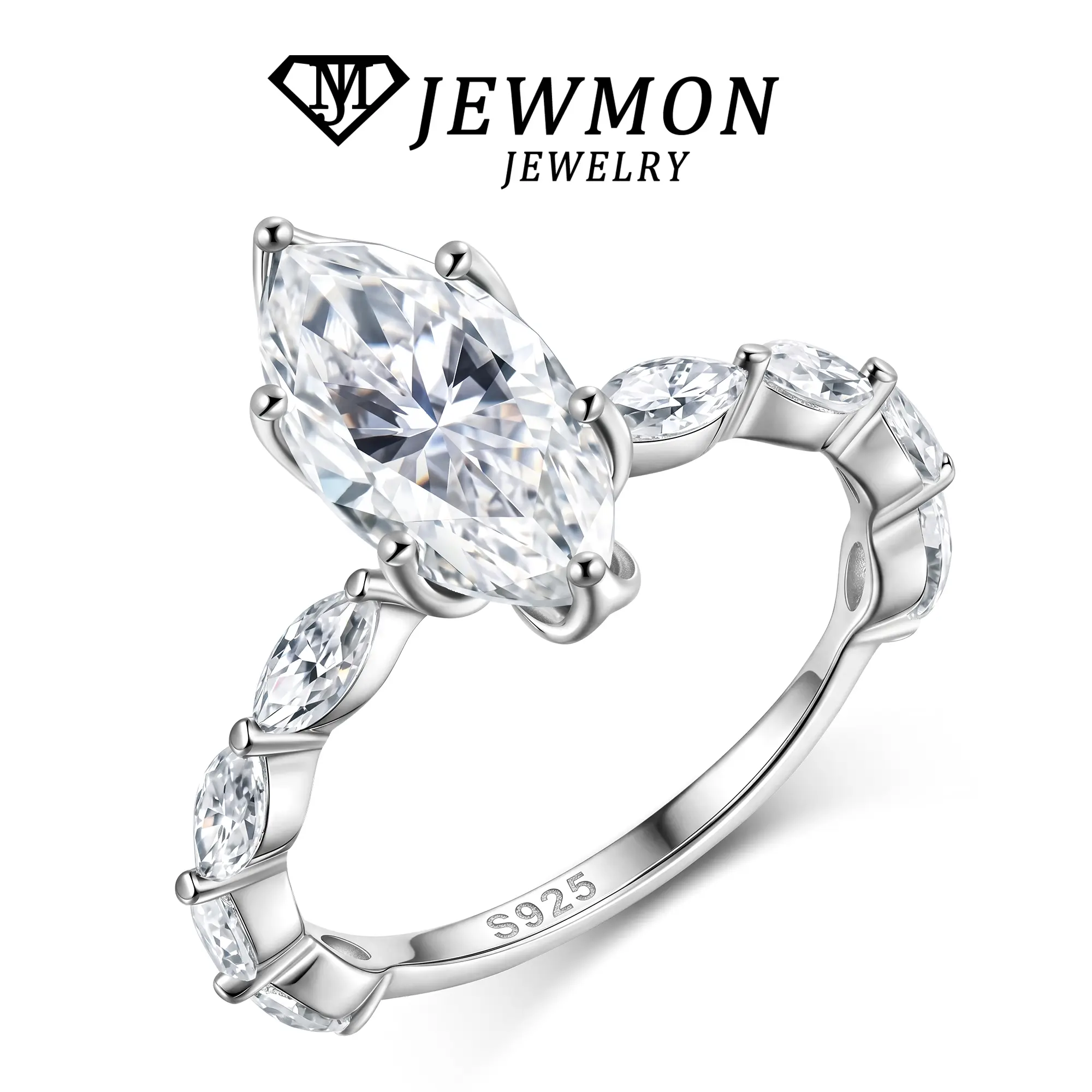 JEWMON 3CT Marquise Shape D Color VVS1 Clarity Synthetic Moissanite Ring 925 Sterling Silver Engagement Ring for Women Anniversary Party Gift SummerVibes