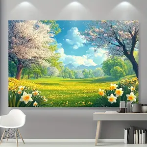 Large Wall Hanging Floral Banner - 1pc Polyester Summervibes Decor, Vibrant Spring Meadow with Cherry Blossoms Daisies Wildflowers, Pastel Blue Sky Green Hills Backdrop, Lightweight Home Supplies, Birthday Supplies