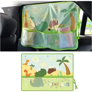 Car Window Shade, Vehicle Sunshade Curtain with Storage Pockets & Suction Cups for Baby, Cartoon Pattern Auto Interior Heat Sun Protection Cover, Universal for SUV Sedan Trucks (Dinosaur)