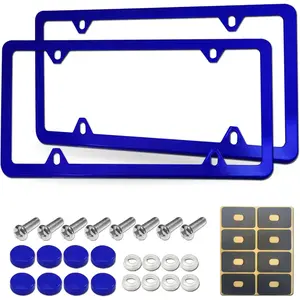 Blue License Plate Frames-  Front & Rear  Tag Covers for Men Women, 2 Pack 4 Hole Thin Slim Holders with Mounting Hardware Kit- Screws, Rattle Proof Pads