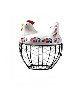 Chicken Egg Basket Farmhouse Style Wire Egg Storage Basket with Ceramic Chicken Lid Durable Plastic Frame Side Mesh Decorative Egg Holder for Kitchen Countertop Fresh Eggs Fruits Vegetables Food Storage Organizer