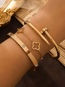 3pcs Stainless Steel Nail And Four-Leaf Clover Bracelet Set With Rhinestone Decor, Suitable For Women Everyday Wear, Christmas & Holiday Gift, Mix Bracelets, Rhinestone Decor Bangles