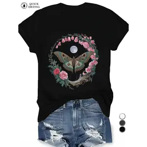 Women's Moth & Floral Graphic Tee - Detailed Botanical Insect Print on Plus Size Short Sleeve Sports T-Shirt, Soft & Breathable for Casual Workouts & Everyday Style