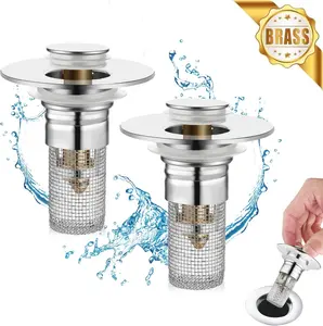 2/1 pcs Pop-Up Bathroom Sink Drain Strainer, Stainless Steel Hair Catcher Basket with Brass Drain Plug, Universal Fit for US Bathroom Sinks, Bathtubs, Showers & Floor Drains,Summervibes