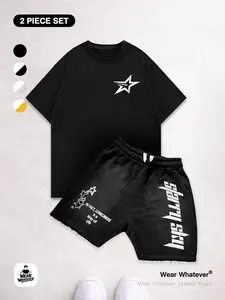 Casual Star Print 「2-Piece Set」 Breathable Short Sleeve T-Shirt + Shorts, Unisex Fashion, Ideal for Outdoor Activities
