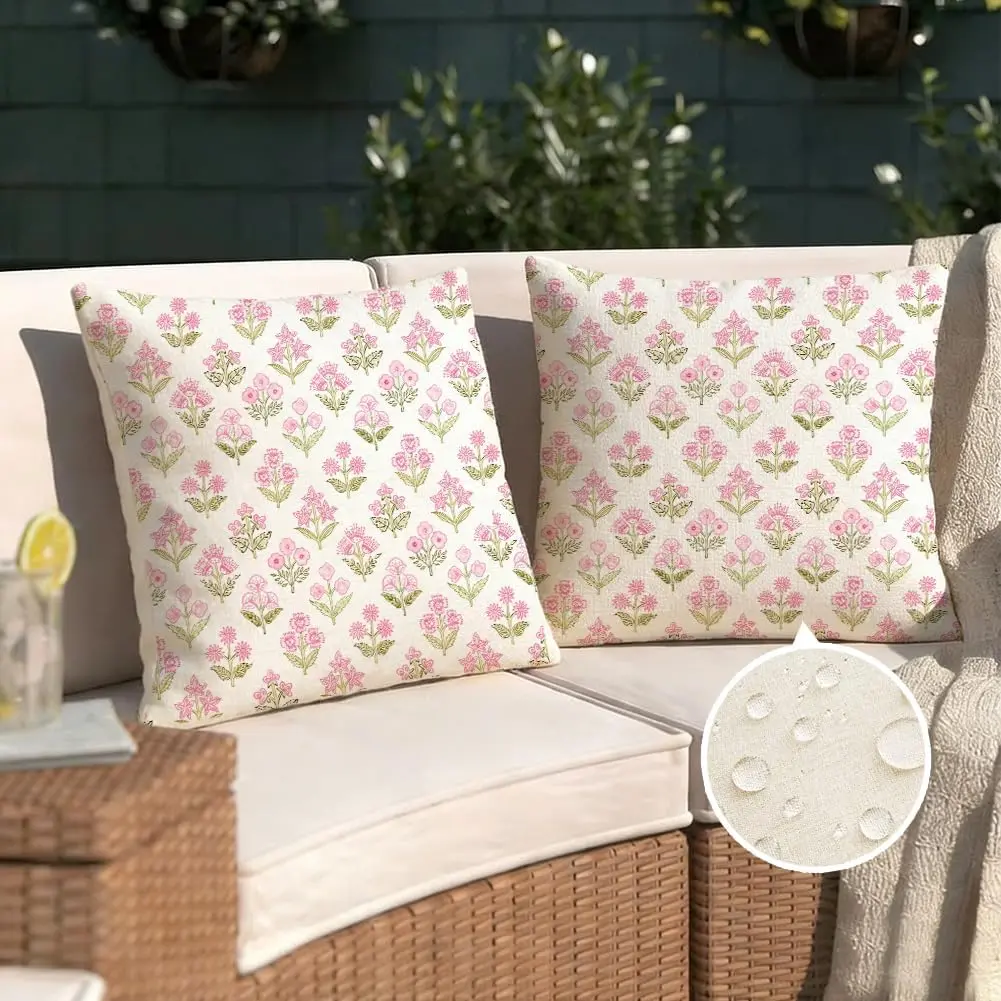 Set of 2 18x18 Decorative Outdoor Throw Pillow Covers, Waterproof Pink Tiny Flower Vine Floral Linen Square Cushion Cases, Cottage Boho Patio Furniture Pillow Covers for Indoor & Outdoor Decoration