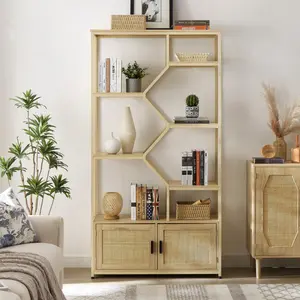 Rattan bookshelf 7 tiers Bookcases Storage Rack with cabinet for Living Room Home Office, Natural, 39.4'' W x 13.8'' D x 75.6'' H.  Bookshelves with cabinets, standalone industrial bookshelves for living rooms, bedrooms, and home offices rotating bookcase