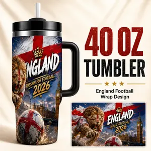 40 oz England Soccer Inspired Tumbler with Handle and Straw, Stainless Steel Vacuum Insulated Travel Mug, 2026 Lion Football Wrap Cup, BPA-Free Splash-Resistant Lid, Cup Holder Friendly for Car, Home, Office, Outdoor Gifts