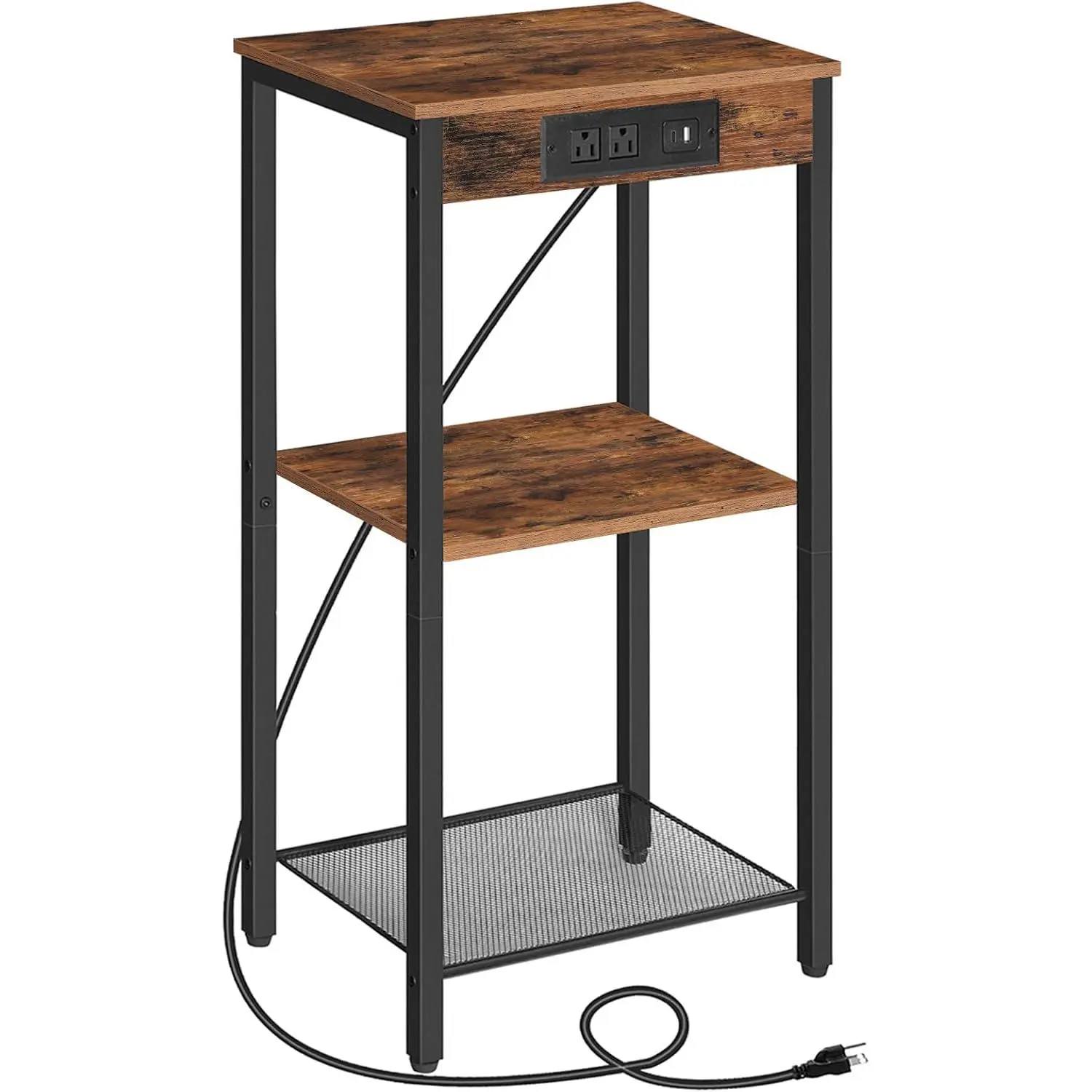 Tall End Table with Charging Station, 30 Inch Slim Tall Nightstand, 3-Tier Narrow Side Table with Adjustable Shelf, for Living Room, Bedroom, Small Space, Hallway, Rustic Brown BF09UDH01G1