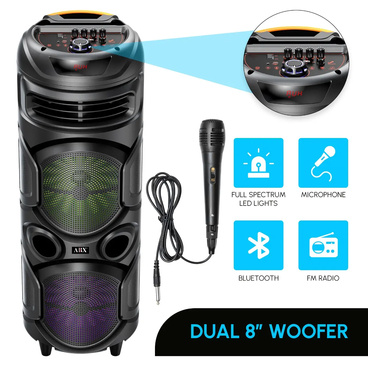 Audiobox ABX-2900R Dual 8" PA System Rechargeable Party Speaker with LED Lights Bluetooth, Wired Microphone & 3000mAh Battery for Karaoke & Parties, Smartphone Connection