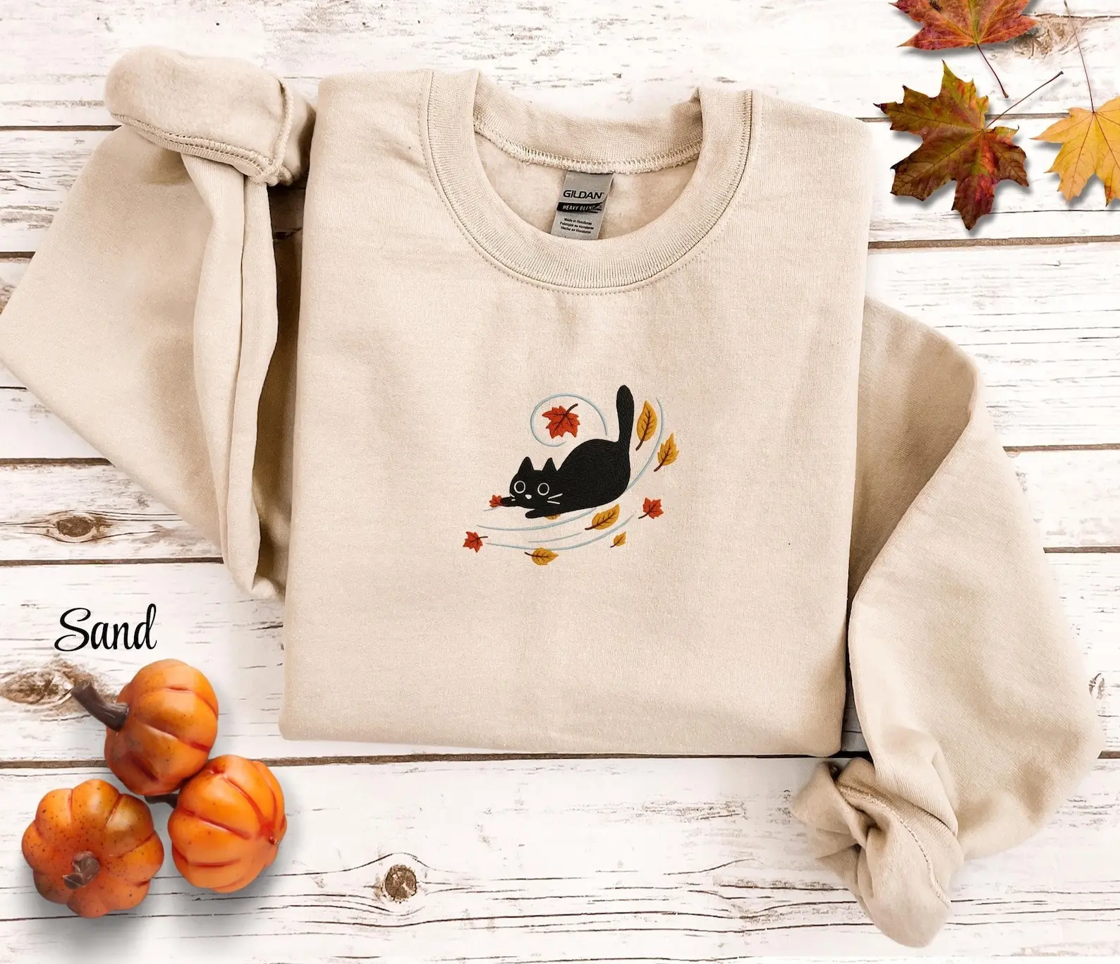 Embroidered Black Cat Sweatshirt, Cozy Autumn Crewneck, Halloween Cat Pullover, Fall Leaves Embroidery Sweater
