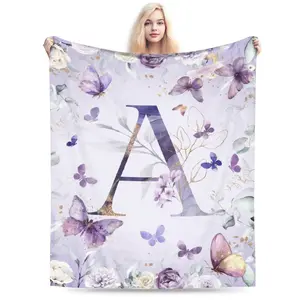 Butterfly blanket featuring multiple letter patterns from A to Z, premium anti-pilling flannel blanket, ultra-soft velvet, lightweight and comfortable bed blanket, wrinkle-resistant, hypoallergenic, non-shedding, foldable travel blanket