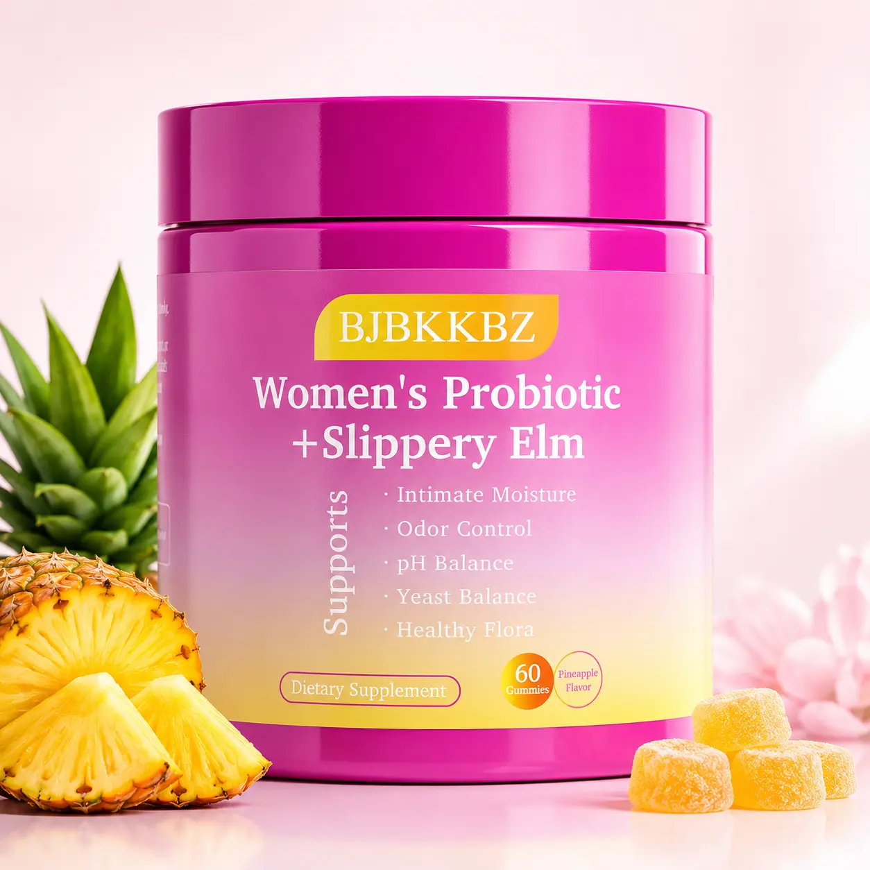 BJBKKBZ 1 Women's Probiotic Supplement Gummies with Slippery Elm & Prebiotics, Women Probiotics for Odor and pH Balance & Intimate Comfort, Hawaiian Pineapple Flavor, 60 Count