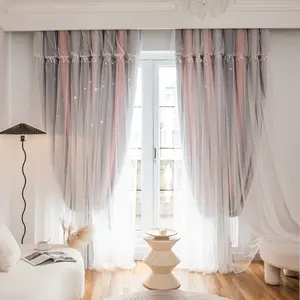 Double Layer Blackout Curtains, French Romantic Hollow Star Pattern, Ideal for Living Room and Bedroom, Blocks Light and Enhances Privacy