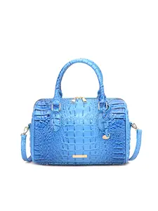 Crocodile Embossed Boston Bag, Women's blue Ombre PU Leather Top Handle Purse with Detachable Crossbody Strap