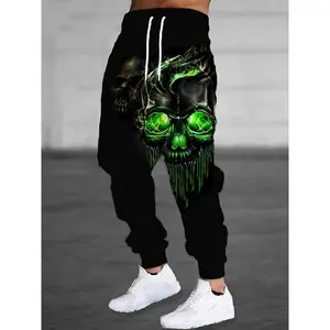 Men’s Loose-Fit Evil Skull Print Drawstring Sweatpants – Casual Joggers for Autumn/Winter Running and Jogging, Halloween Black