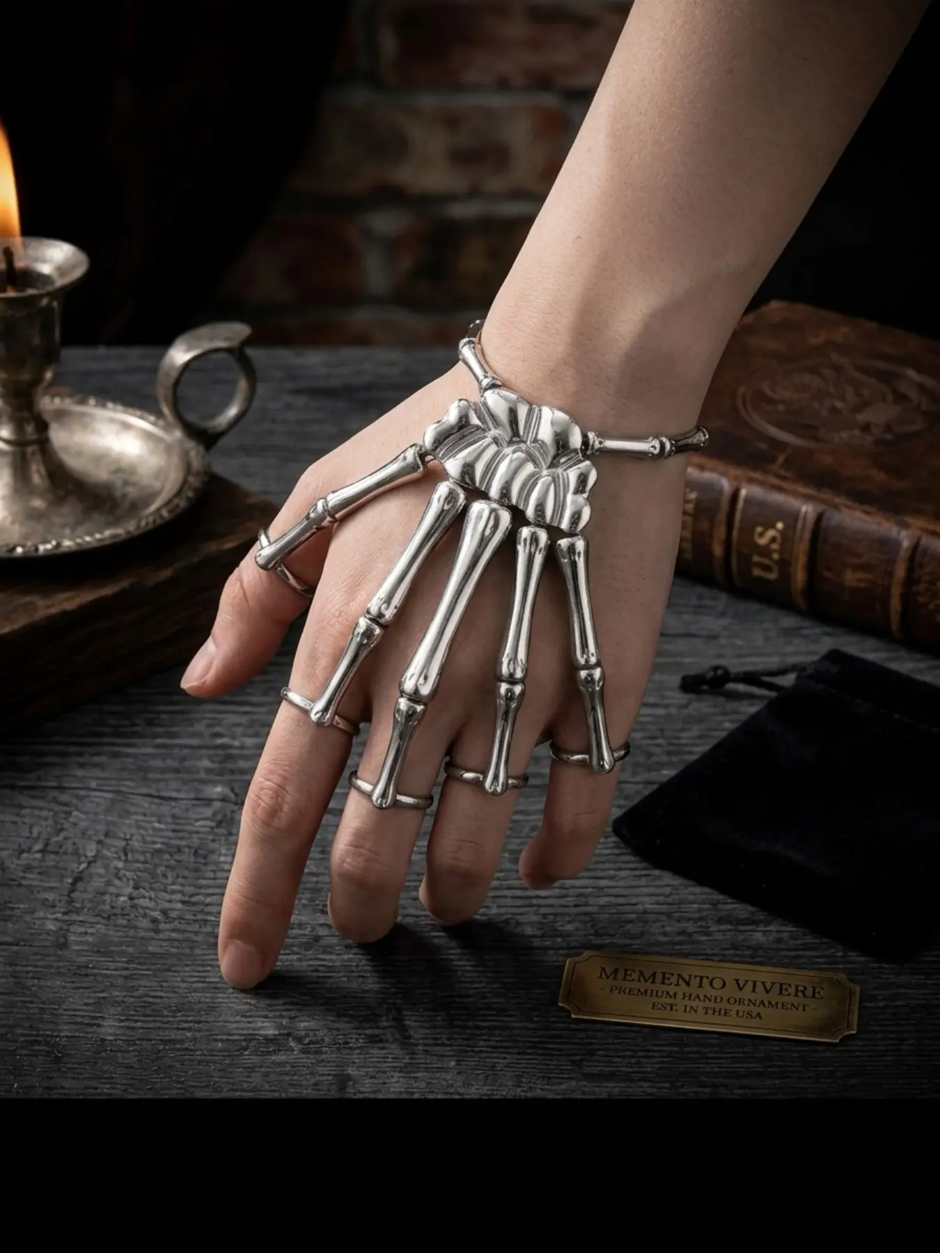 New style hand jewelry Witchy Jewelry fashion personality punk skeleton hand bone versatile five-finger ring bracelet adjustable integrated chain Gothic Witch Jewelry, Trendy Fashionable Accessories