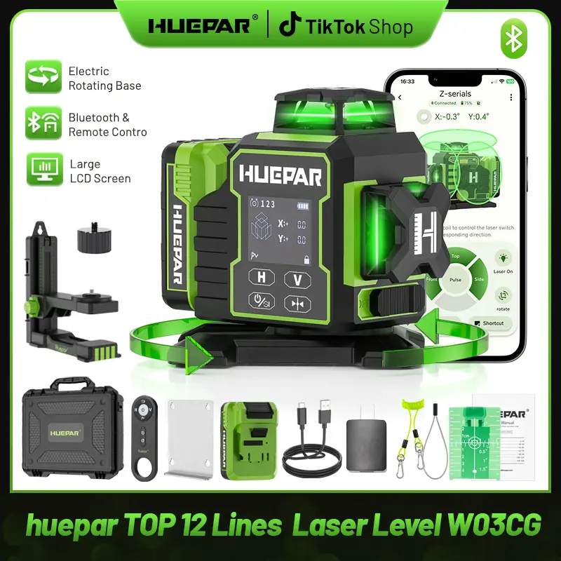 Huepar W03CG 3x360° Green Laser Level | 12 Lines | Motorized Rotating Base & Bluetooth | Large LCD
