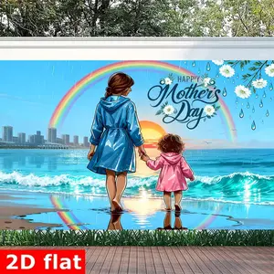 2D Flat - 2D Flat - 2D Flat Tapestry Mother'S Day Theme Backdrop Featuring a Woman in a Blue Raincoat Holding Hands with a Little Girl Walking on The Beach, with a Background of City Skyline And Sunset Scenery