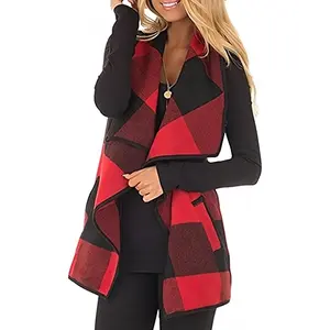 Womens Buffalo Plaid Vest Casual Lapel Open Front Sleeveless Cardigan Jacket Coat with Pockets