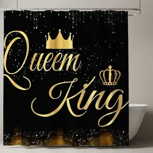 Luxury Shower Curtain with Crowns & Sparkles, Elegant Queen & King Typography, Cosmic Starry Design for Regal Bathroom Decor