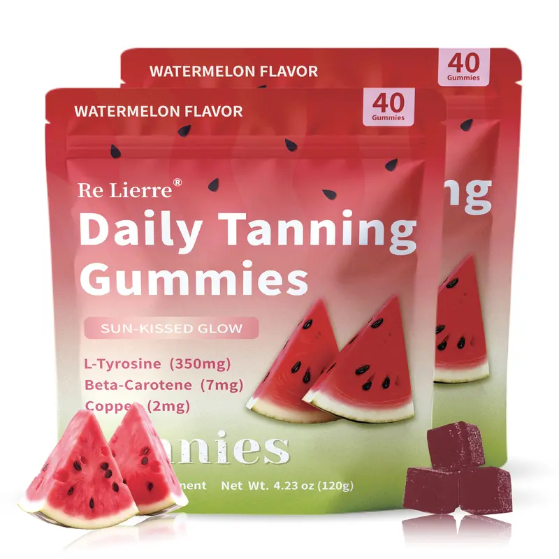 Re Lierre 2-Pack Daily Tanning Gummies with Astaxanthin Watermelon Flavor 6000µg per Gummy for Sensitive Skin Allergen-Free Natural Melanin Boost Beach Pool