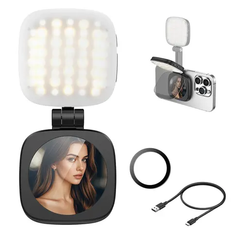 Handy 3-in-1 Magnetic Smartphone LED Accessory - 360° Even Glow Adjustable Fill, MagSafe, Mirror, Phone Holder, Rechargeable Portable Snap-On USB-C Power Cable Selfie Tool for iPhone/Android (Selfies, Makeup)