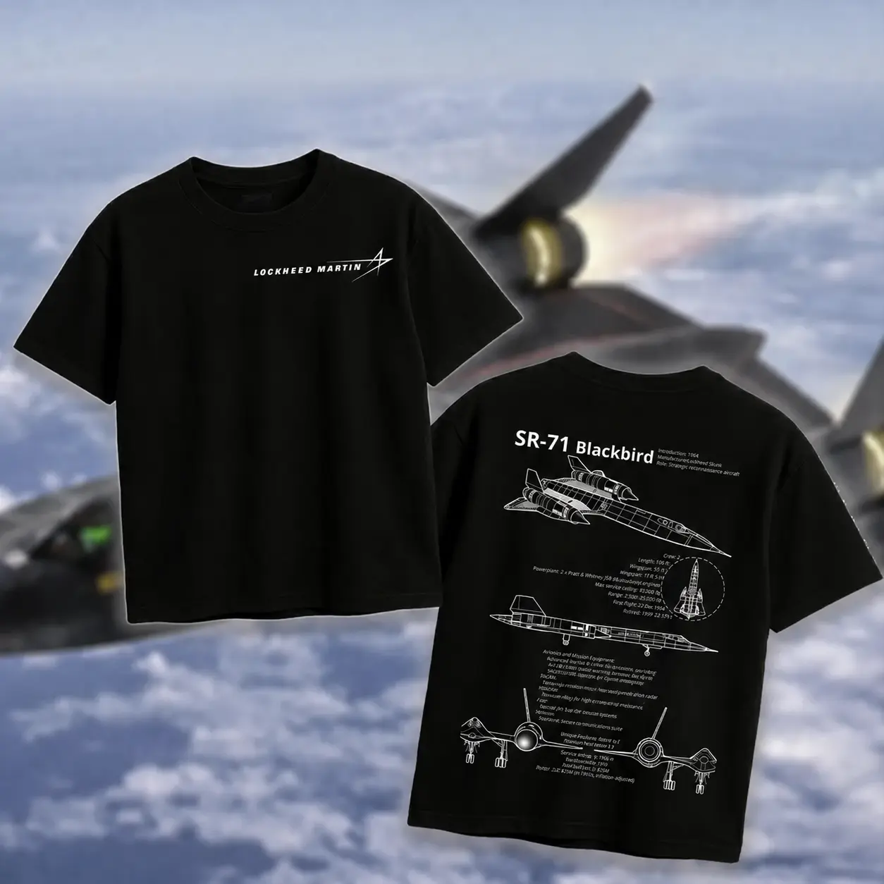 SR71 Blackbird Blueprint Double Sides Heavy Cotton T-Shirt/Hoodie Vintage Lockheed Martin Graphic Tee Military Enthusiast Streetwear Clothing Gift for Men Breathable Printing