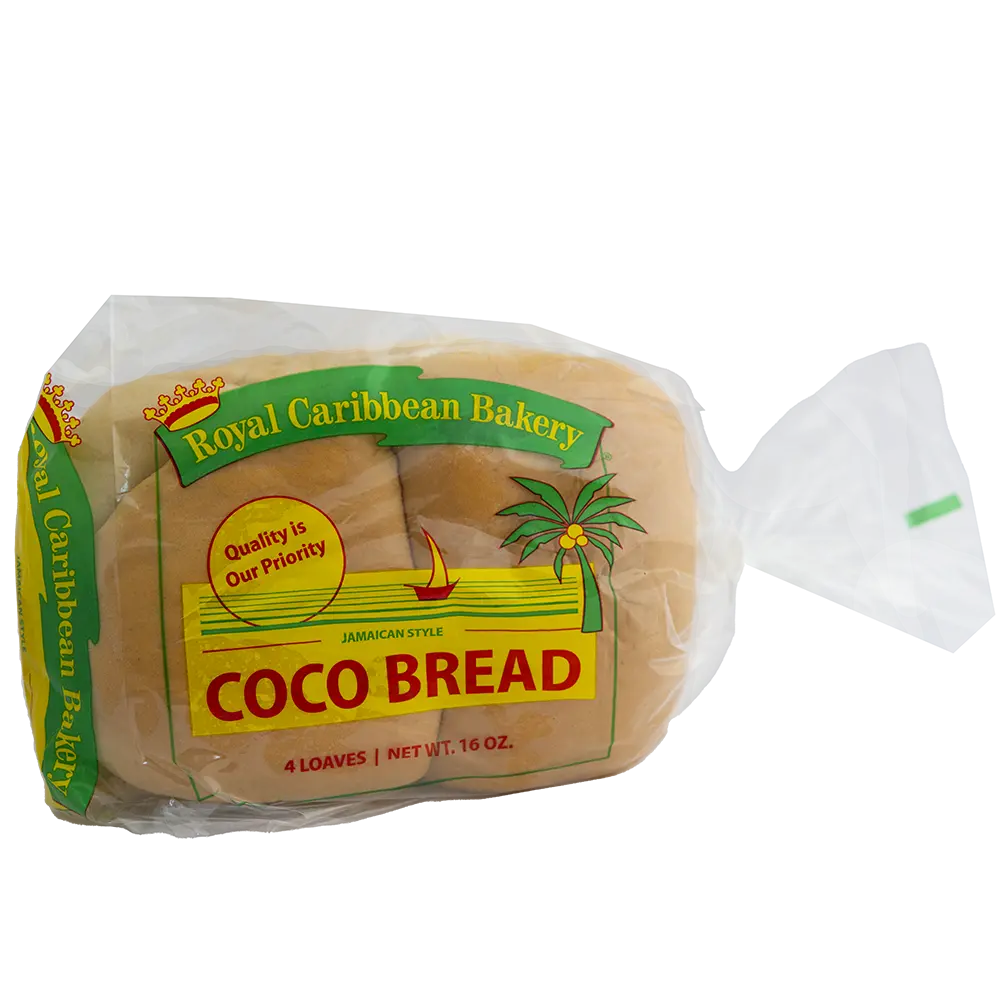 Royal Caribbean Bakery Coco Bread - Soft Chewy Jamaican Sandwich Bread 4 Loaves 16 Oz Traditional Crescent Shape